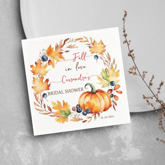 Fall in love pumpkin leaves wreath bridal shower napkins (Fall in love bridal shower tableware personalized napkins pumpkin and yellow leaves berry wreath)