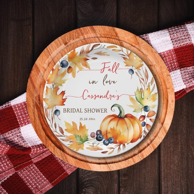 Fall in love pumpkin leaves wreath bridal shower paper plates (Fall in love autumn themed bridal shower tableware personalized plates pumpkin leaves berries wreath)