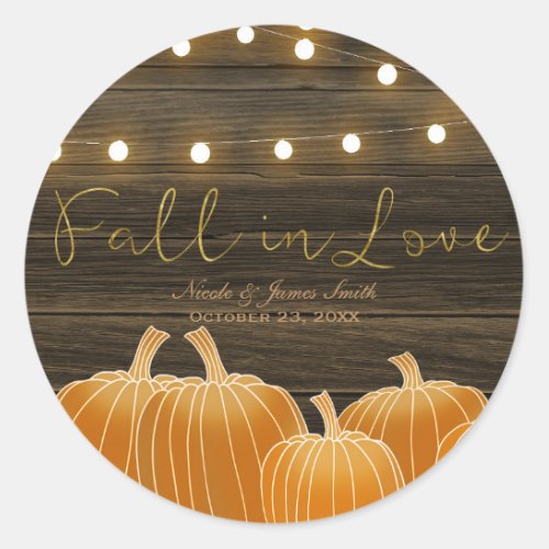 Fall in Love Pumpkin Lights Rustic Thank You Favor Classic Round Sticker