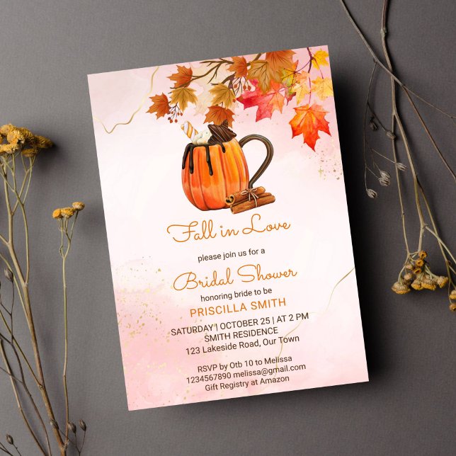Fall in love pumpkin maple autumn bridal shower invitation (Fall in love autumn themed bridal shower template invitation instant download pumpkin tea maple)