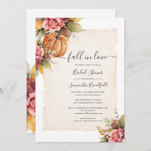 Fall in Love Pumpkin Pink Floral Bridal Shower Invitation