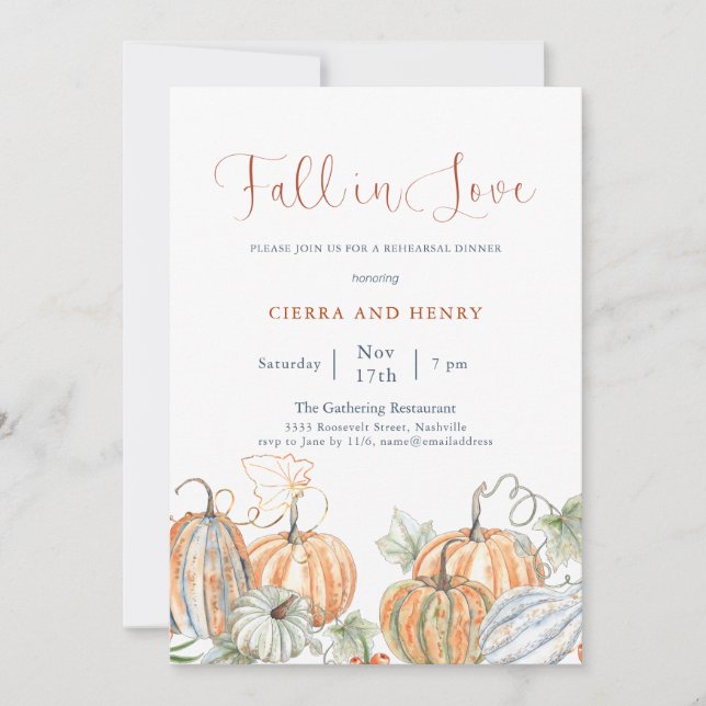 Fall In Love Pumpkin Rehearsal Dinner Invitation (Front)