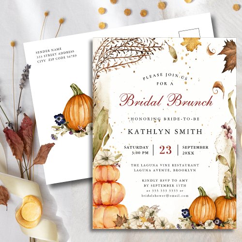 Fall In Love Pumpkin Rustic Autumn Bridal Brunch Invitation Postcard