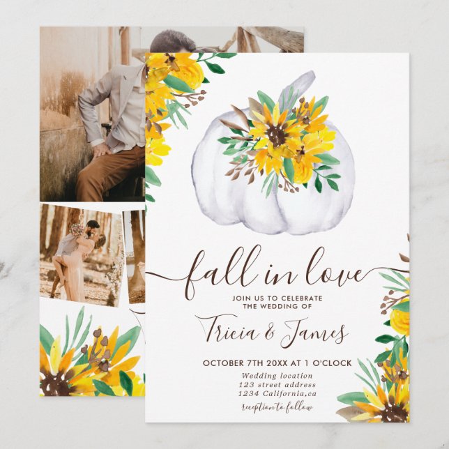 Fall in love pumpkin rustic photo initials wedding invitation (Front/Back)