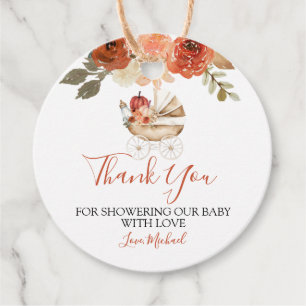 Fall In Love Pumpkin Stroller Floral Baby Shower Favor Tags