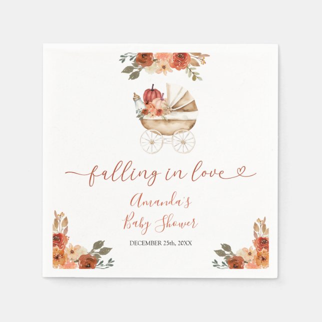 Fall In Love Pumpkin Stroller Floral Baby Shower Napkins (Front)