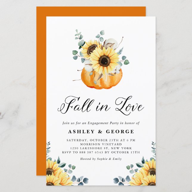 Fall In Love Pumpkin Sunflower Engagement Invite (Front/Back)