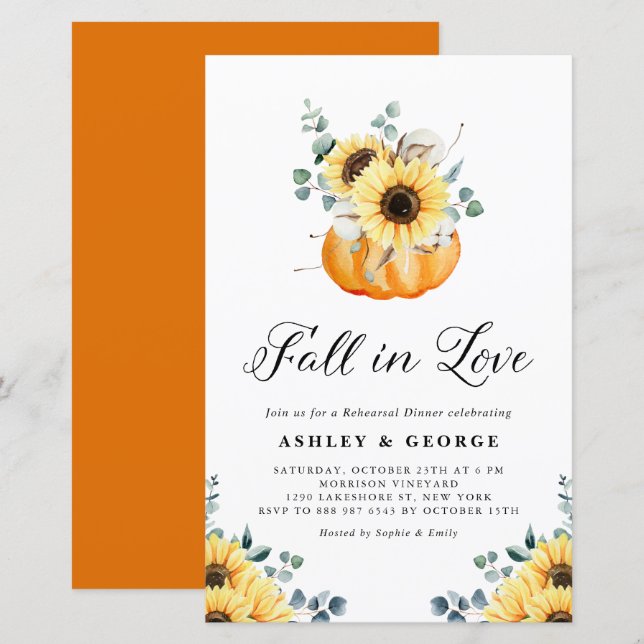 Fall In Love Pumpkin Sunflower Rehearsal Dinner (Front/Back)