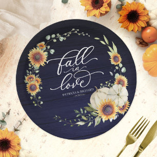 Fall in Love Pumpkin Sunflower Wedding Paper Plates
