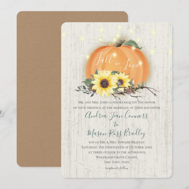 Fall in Love Pumpkin Sunflowers & Lights Wedding Invitation (Front/Back)