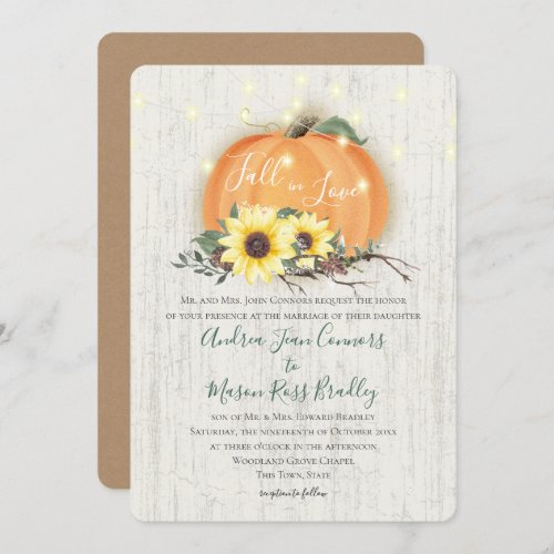 Fall in Love Pumpkin Sunflowers  Lights Wedding Invitation