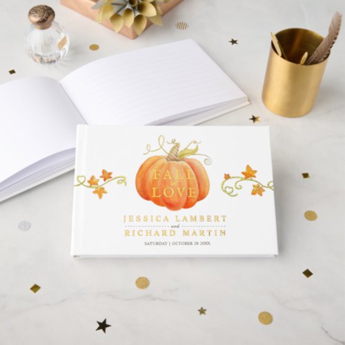 Fall in love pumpkin watercolor custom wedding  foil guest book 