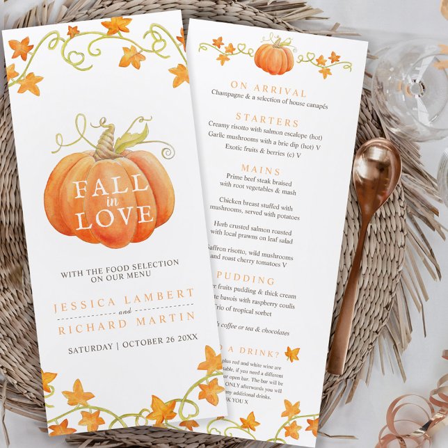 Fall in love pumpkin watercolor wedding menu (Creator Uploaded)