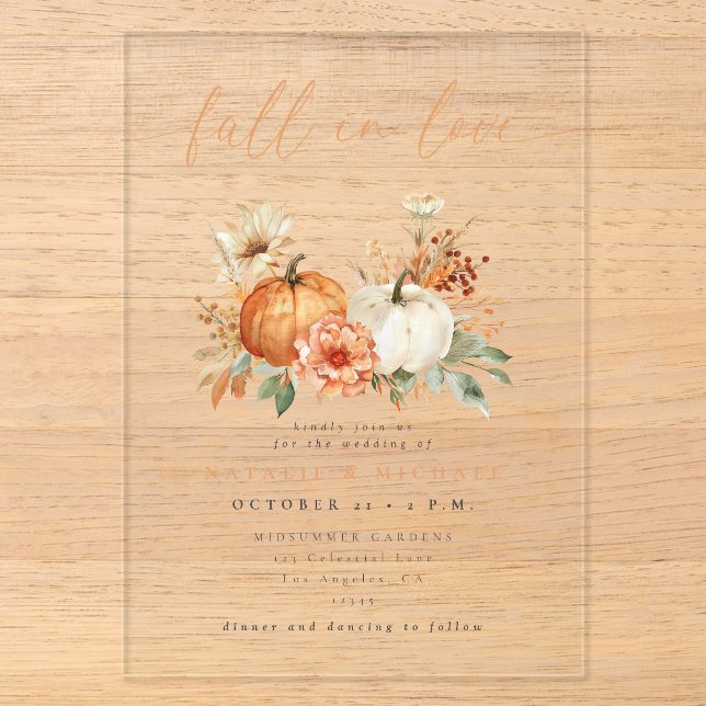Fall in Love Pumpkin Wedding Acrylic Invitations (Front)