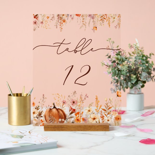 Fall in Love Pumpkin Wedding Table Number Acrylic Sign (Wedding)