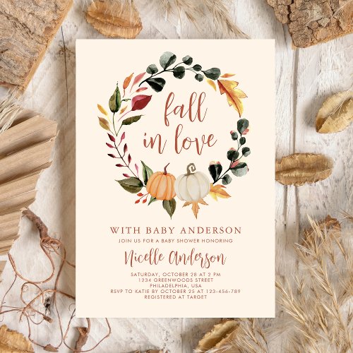 Fall in Love Pumpkin Wreath Baby Shower Invitation