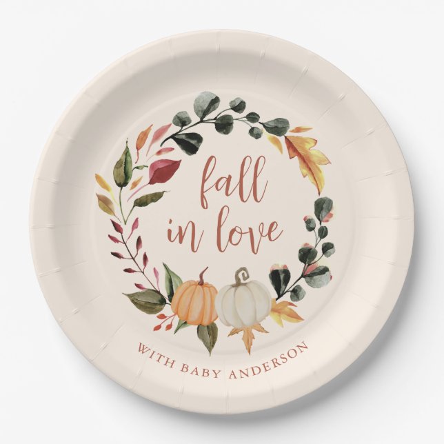 Fall in Love Pumpkin Wreath Baby Shower Paper Plates (Front)