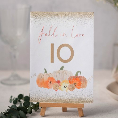 Fall in Love Pumpkins Glitter Wedding Table Number