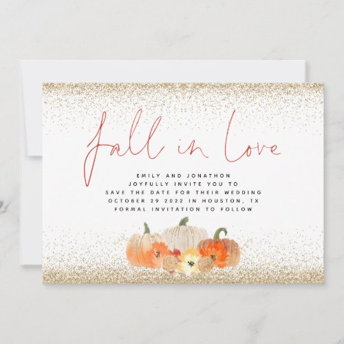 Fall in Love Pumpkins Gold Glitter QR Code Wedding Save The Date