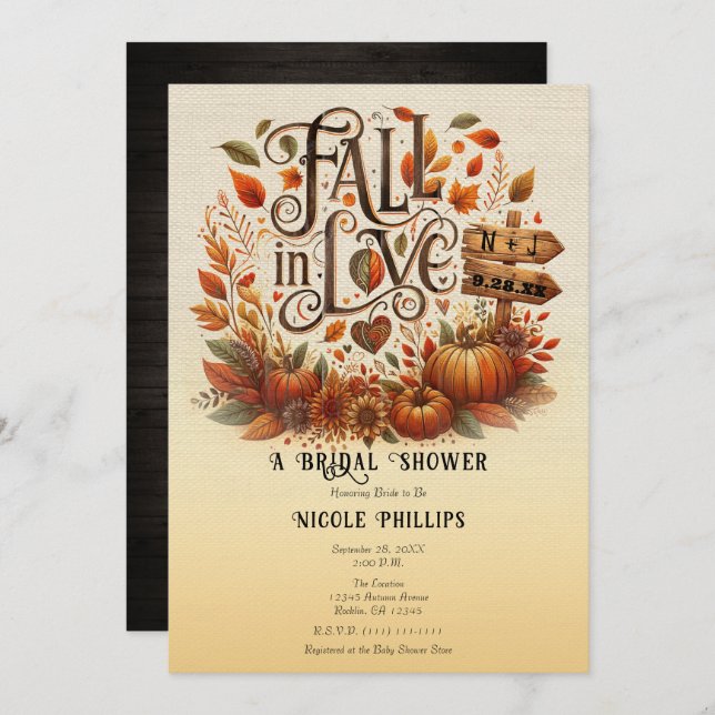 Fall in Love Pumpkins & Leaves Bridal Shower  Invitation (Front/Back)
