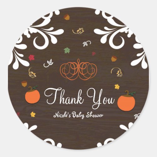 Fall in Love Pumpkins Leaves  Wood Baby Shower Classic Round Sticker