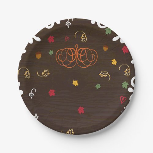 Fall in Love Pumpkins Leaves  Wood Baby Shower Paper Plates