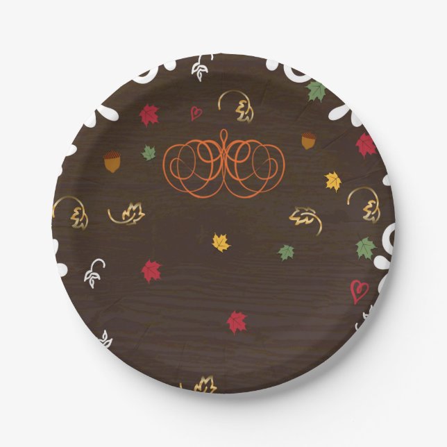 Fall in Love Pumpkins Leaves & Wood Baby Shower Paper Plates (Front)
