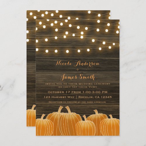 Fall in Love Pumpkins Lights Rustic Wedding Invitation