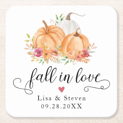 Fall In Love Pumpkins Wedding Square Paper Coaster