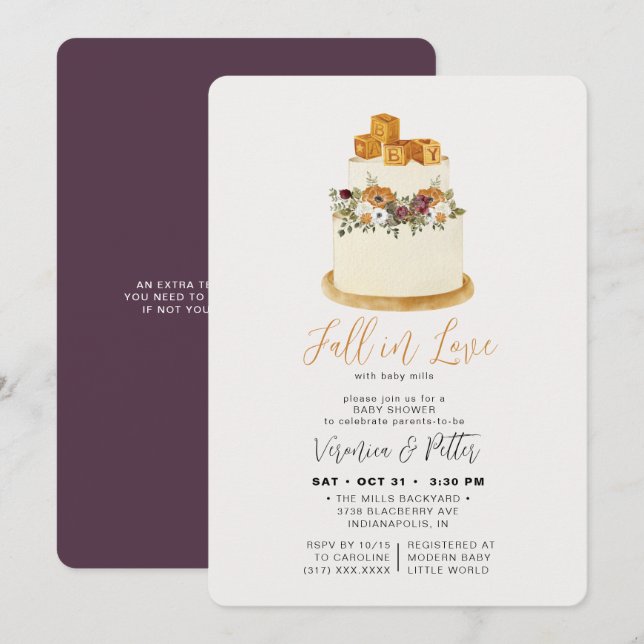 Fall in Love Purple Autumn Cake Baby Shower Invitation (Front/Back)