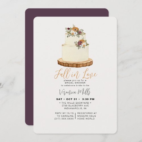 Fall in Love Purple Autumn Cake Bridal Shower Invitation