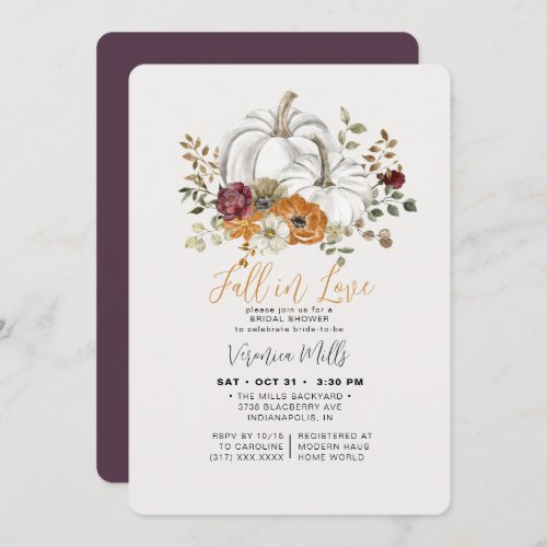 Fall in Love Purple Autumn Pumpkin Bridal Shower Invitation