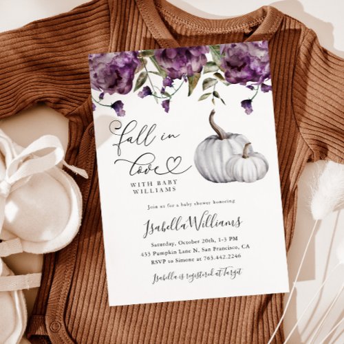 Fall in Love Purple Floral Baby Shower Invitation
