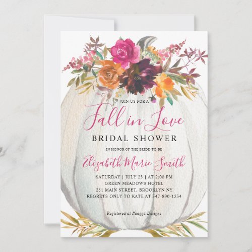 Fall in Love Purple Floral Pumpkin Bridal Shower Invitation