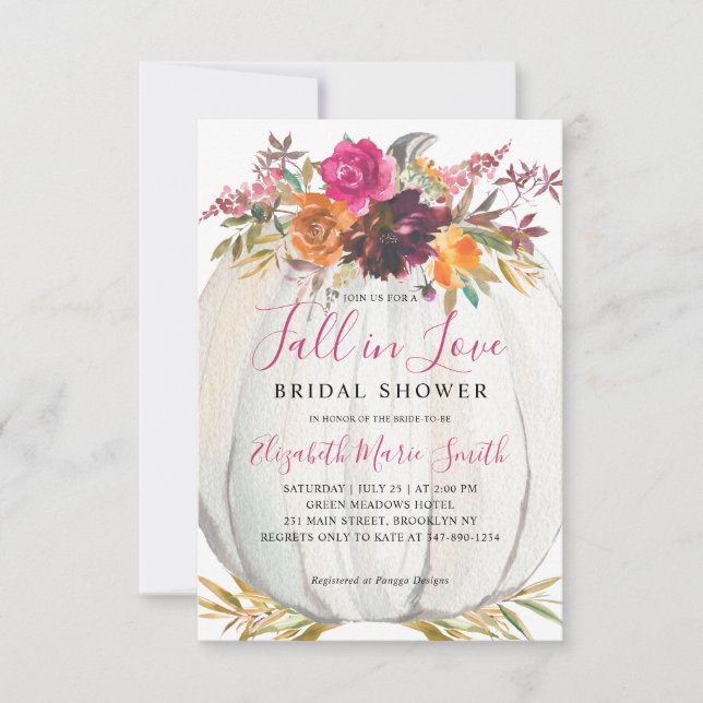 Fall in Love Purple Floral Pumpkin Bridal Shower Note Card (Front)