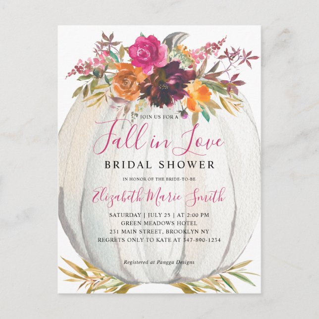 Fall in Love Purple Floral Pumpkin Bridal Shower Postcard (Front)