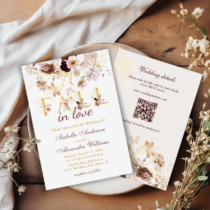 Fall in Love QR Code Peony & Gold Burgundy Wedding Invitation