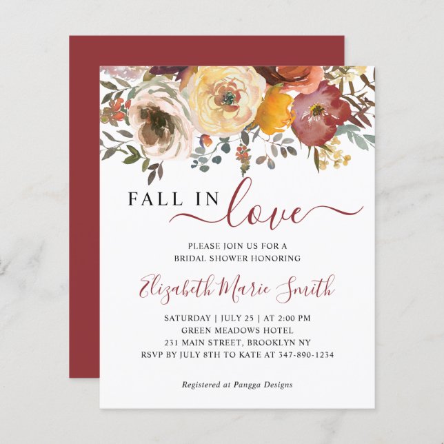 Fall in Love Red Floral Bridal Shower Invitation (Front/Back)
