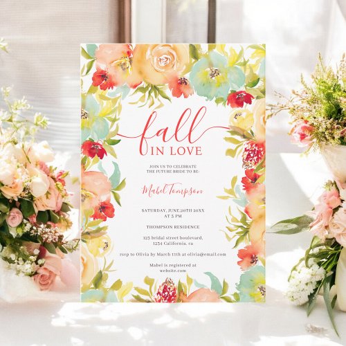 Fall in love red floral watercolor bridal shower invitation