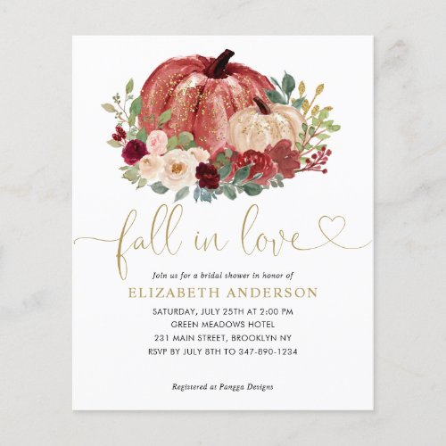 Fall in Love Red Pink Floral Pumpkin Bridal Shower Flyer