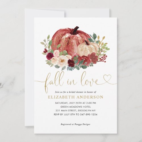 Fall in Love Red Pink Floral Pumpkin Bridal Shower Invitation