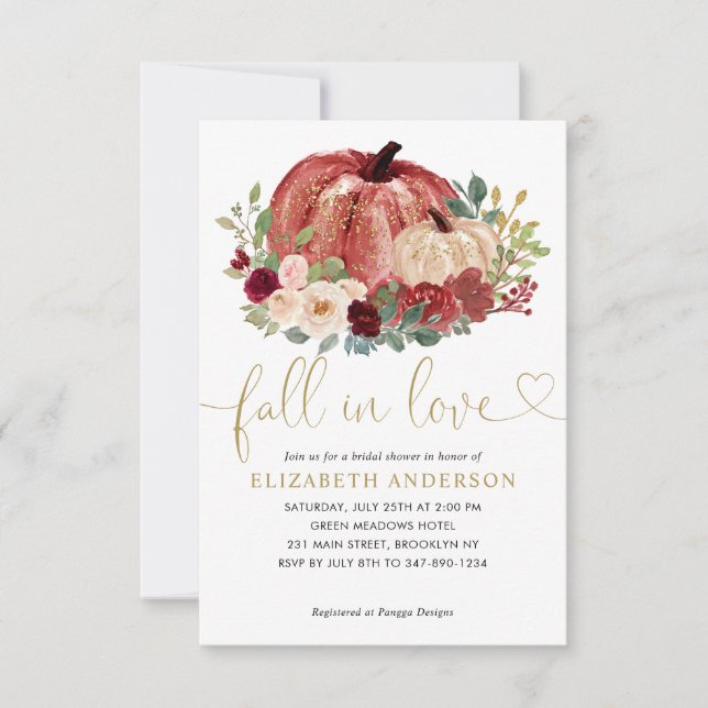 Fall in Love Red Pink Floral Pumpkin Bridal Shower Note Card (Front)