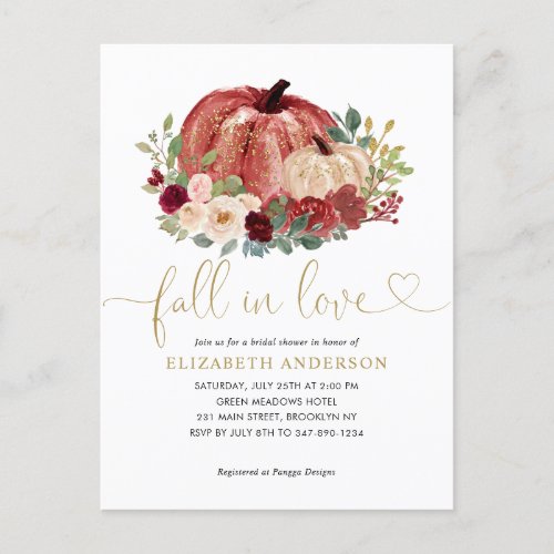 Fall in Love Red Pink Floral Pumpkin Bridal Shower Postcard