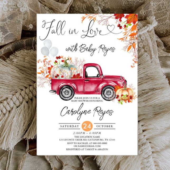 Fall in Love Red Pumpkin Pickup Truck Baby Shower Invitation (Creator Uploaded)