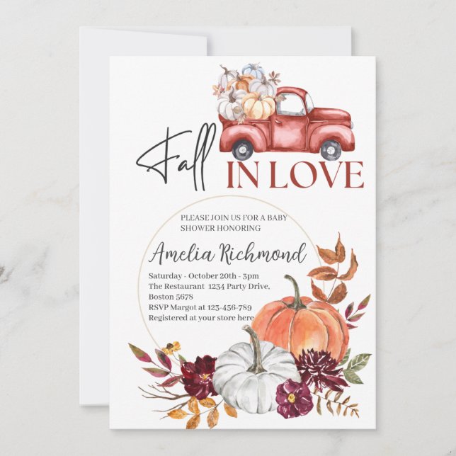 Fall in Love Red Pumpkin Pickup Truck Baby Shower Invitation (Front)