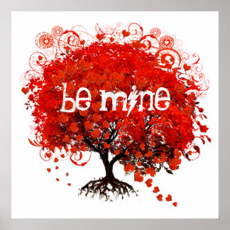 Fall In Love Red Tree With Hearts Falling Poster