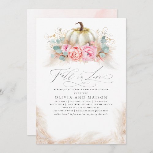 Fall in Love Rehearsal Dinner Pink Flowers Pumpkin Invitation