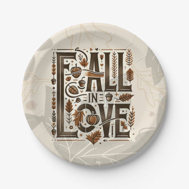 FALL IN LOVE Retro Autumn Fall Engagement Shower  Paper Plates (Front)
