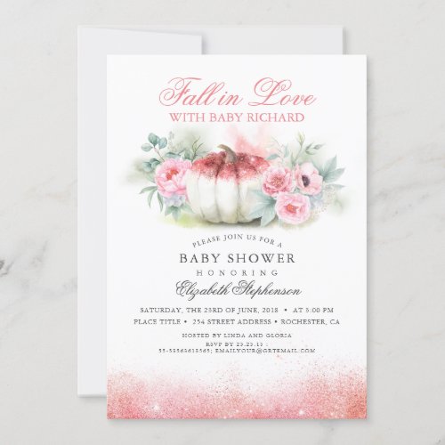 Fall in Love Rose Gold Glitter Pumpkin Baby Shower Invitation