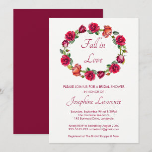 Fall In Love Rose Wreath Floral Bridal Shower Invitation
